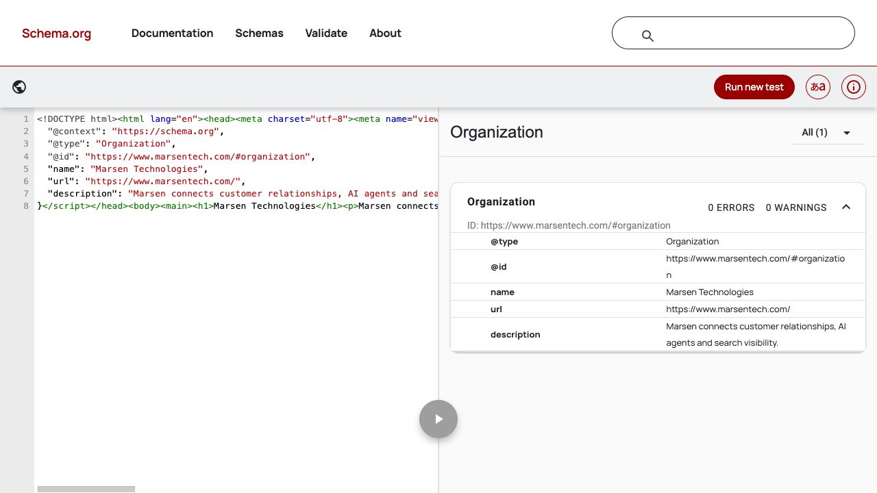 Schema Markup Validator showing one Marsen Organization with zero errors and zero warnings