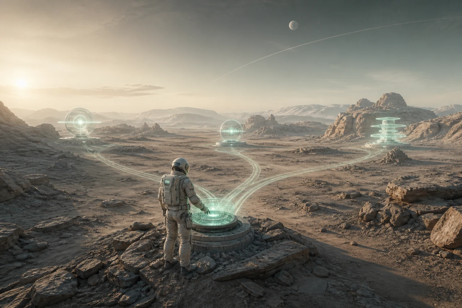An astronaut activates a connected system of emerald beacons across the Martian landscape